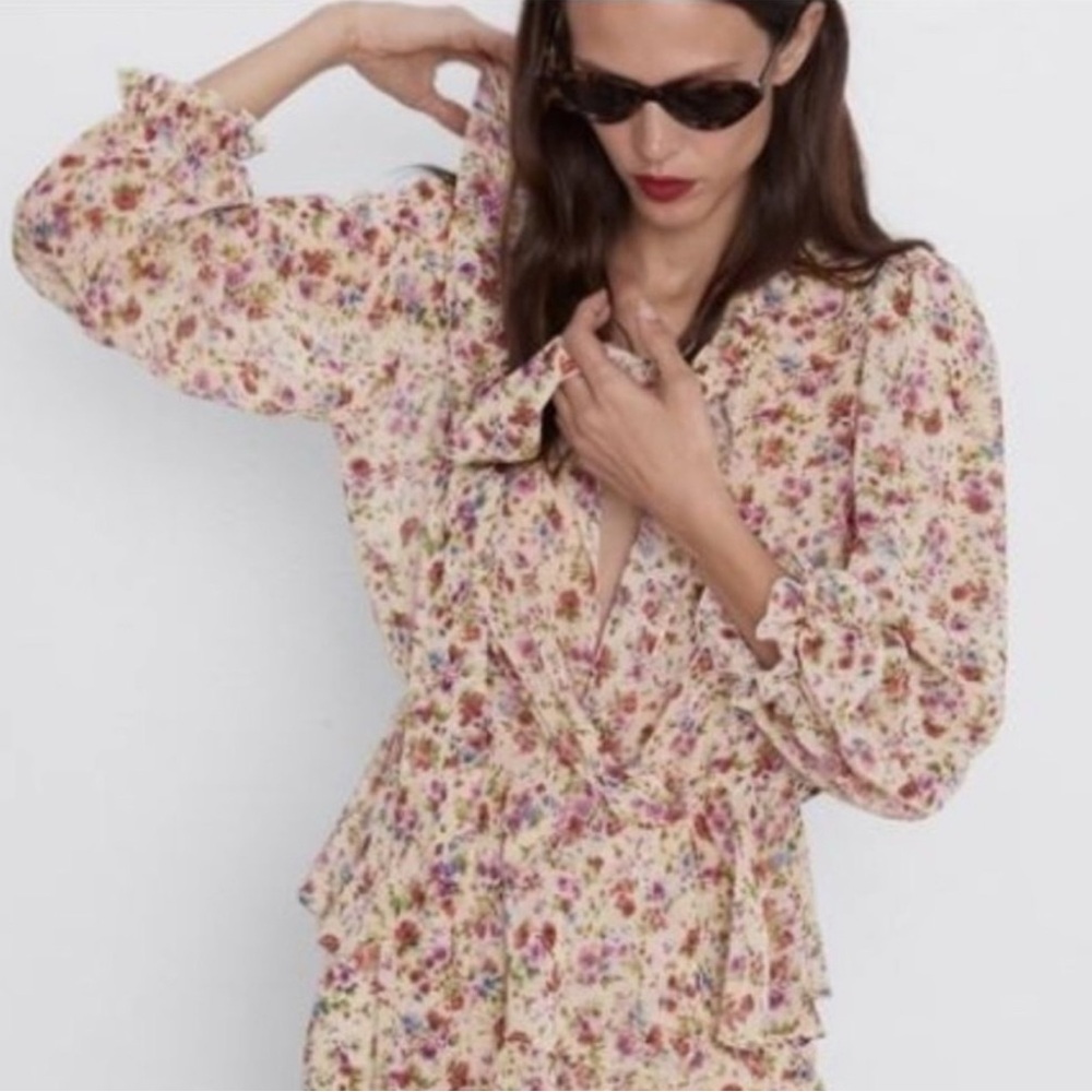 Zara Floral Print Wrap Sheer Blouse - Cream With Tie, Long Sleeves Sz. S